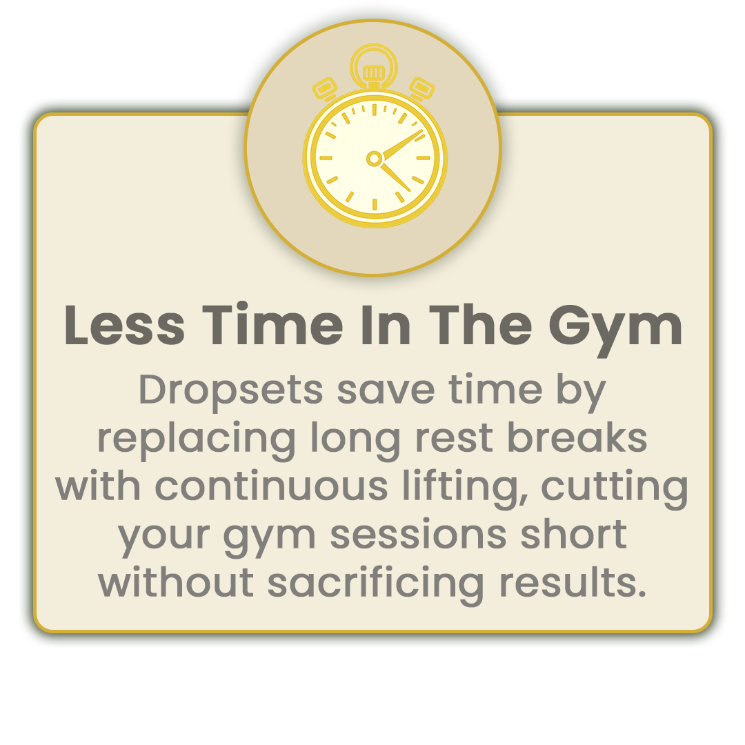Icon explaining that when you use dropsets in the gym, you save time since you're replacing long rest breaks with continuous lifting, cutting your gym sessions short without sacrificing results.