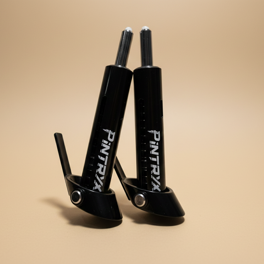 Black Pintryx drop set pins upside down on beige background.