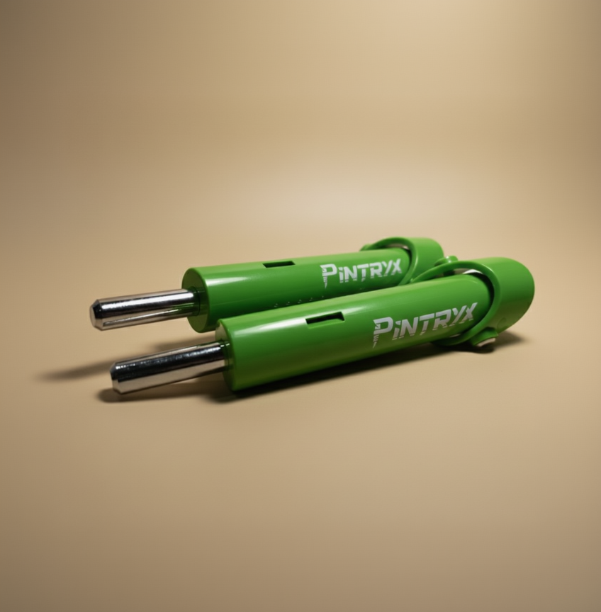 Green Pintryx drop set pins flat on beige blackground.