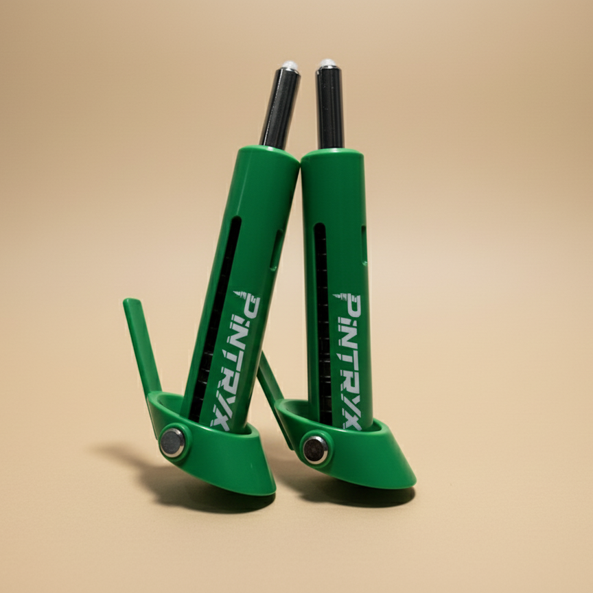 Green Pintryx drop set pins upside down on beige background.