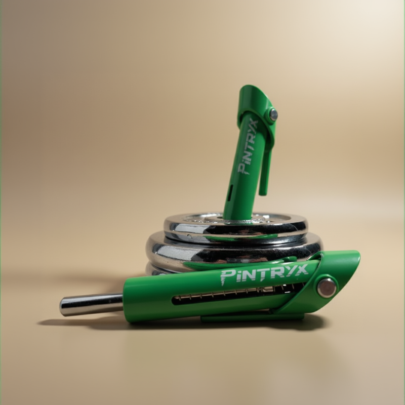 Green Pintryx drop set pins in middle of weight plate on beige background.