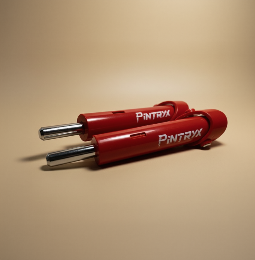 Red Pintryx drop set pins flat on beige background.