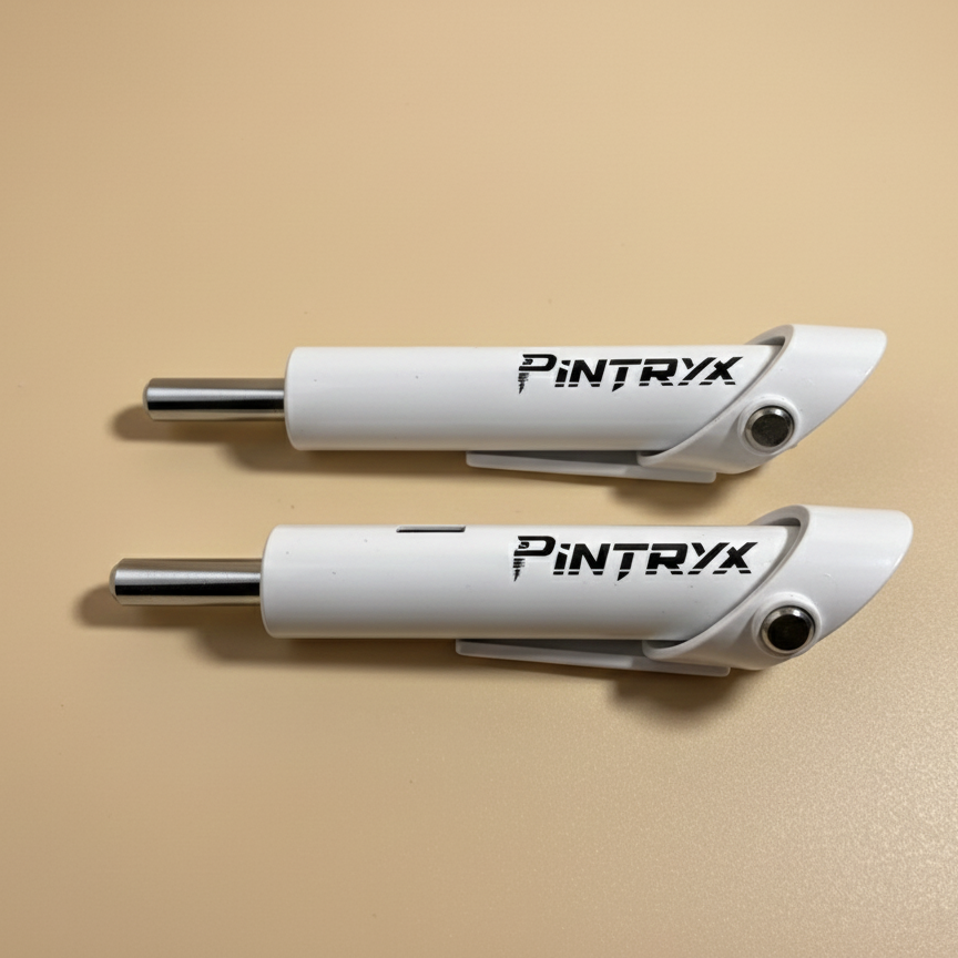 White Pintryx drop set pins laying flat on beige background.
