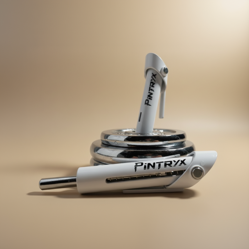 White Pintryx drop set pins in middle of weight plate on beige background.