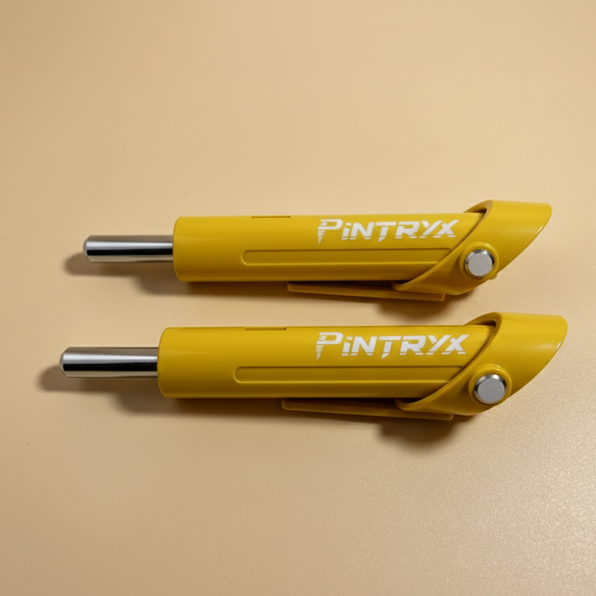 Yellow Pintryx drop set pins laying flat on beige background.