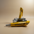 Yellow Pintryx drop set pins in middle of weight plate on beige background.