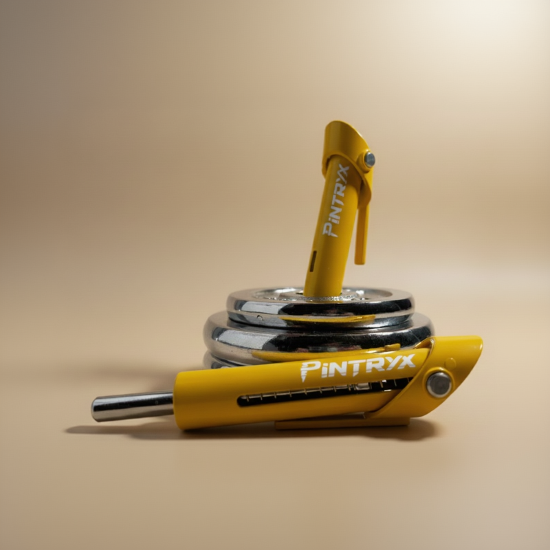 Yellow Pintryx drop set pins in middle of weight plate on beige background.